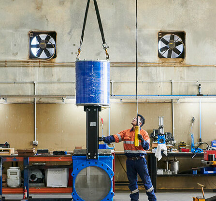 A huge actuated bi directional knife gate valve in our valve facility