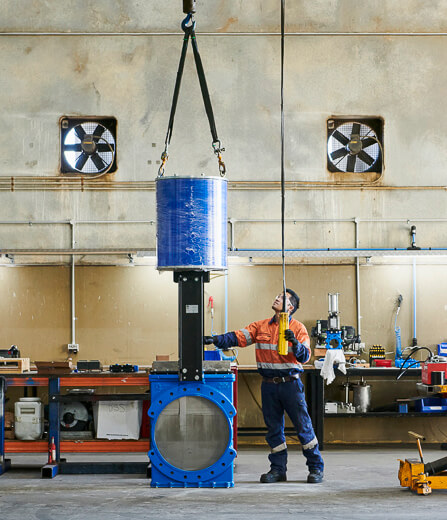 A huge actuated bi directional knife gate valve in our valve facility