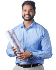 Beaver engineer Rithik holding rolled engineering drawings