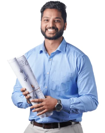 Beaver engineer Rithik holding rolled engineering drawings