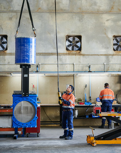 A large valve being lifted in our Australian valve distributor workshop