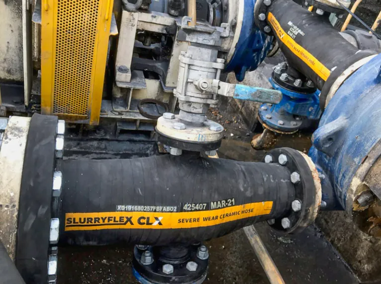 Slurryflex CLX mining hose connected to processing plant pipework