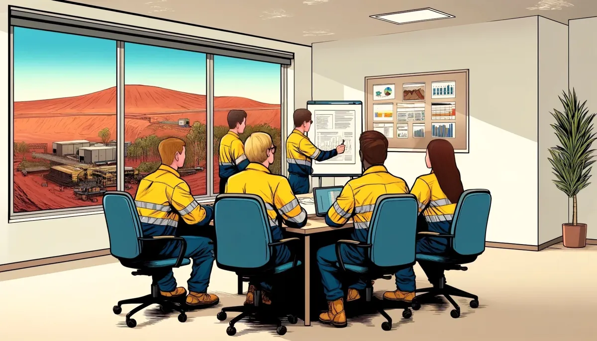 Illustration of a mining engineer evaluating site infrastructure