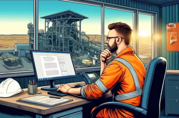 Illustration of a mining engineer reviewing reports in a site office