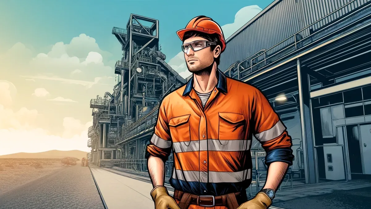 Illustration of a mining engineer outside a processing plant