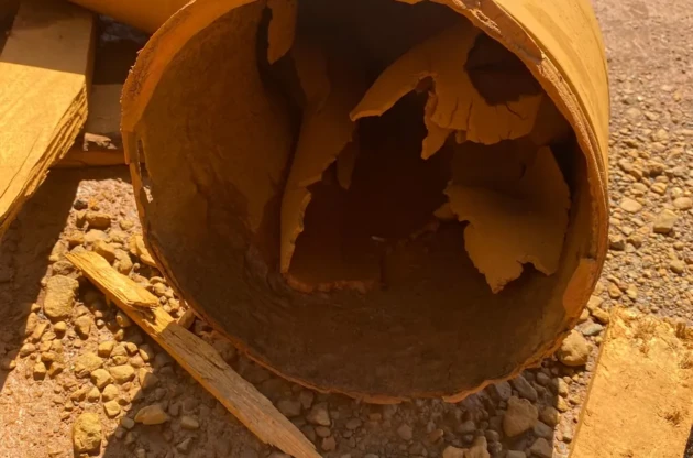 Worn-through pipe liner from a cyclone circuit showing slurry wear